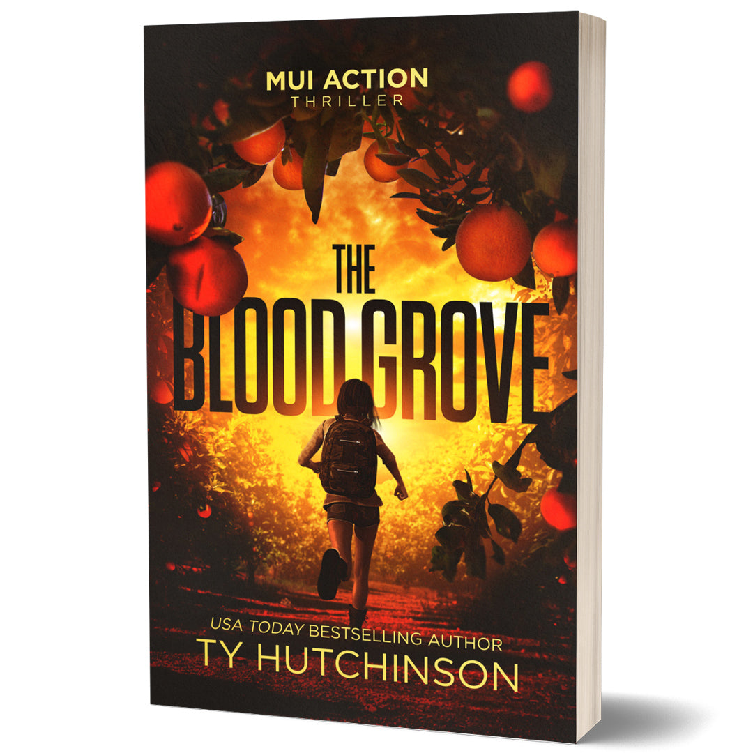 Book cover for The Blood Grove by Ty Hutchinson—international action thriller novella. Teen assassin. Female-led, high-concept thriller.