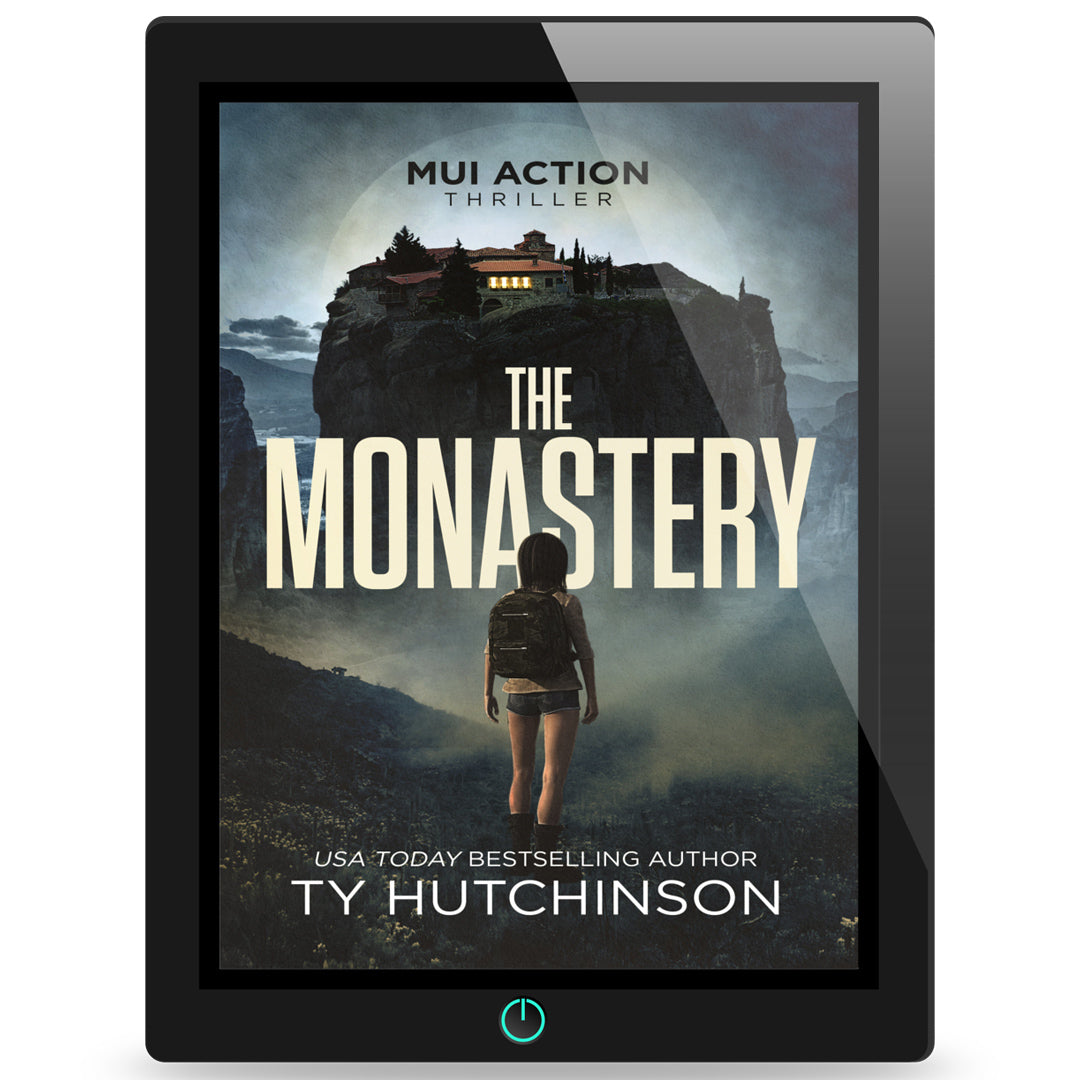 Book cover for The Monastery by Ty Hutchinson—novella in the Mui Assassin series. Action thriller featuring a teenage female assassin. High-concept, international suspense.