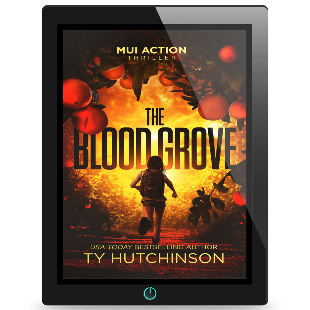 Book cover for The Blood Grove by Ty Hutchinson—international action thriller novella. Teen assassin. Female-led, high-concept thriller.