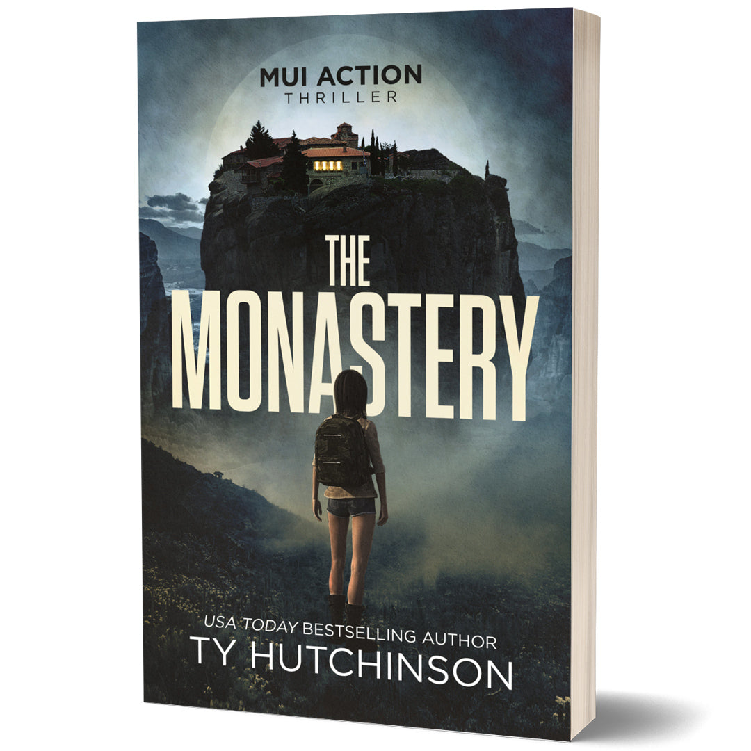 Book cover for The Monastery by Ty Hutchinson—novella in the Mui Assassin series. Action thriller featuring a teenage female assassin. High-concept, international suspense.