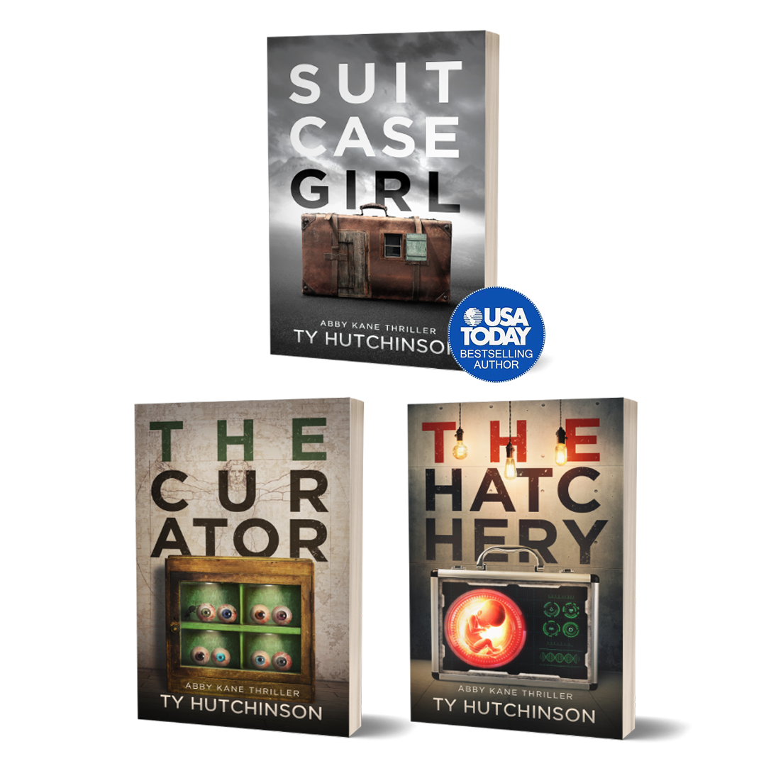 Book bundle cover for The Suitcase Girl Trilogy by Ty Hutchinson—an FBI thriller series featuring a female agent who discovers a girl identical to herself. A USA Today bestselling psychological mystery packed with twists.