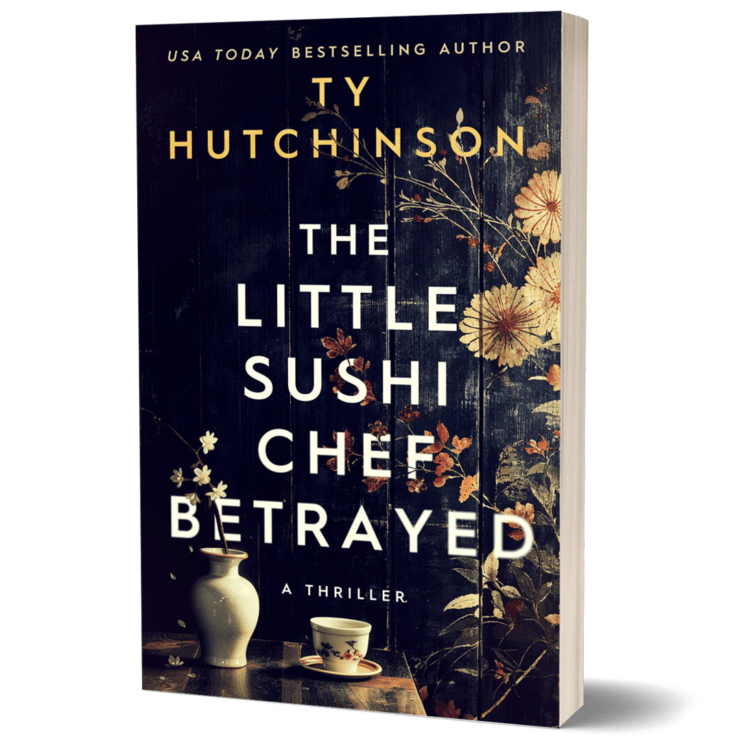 Book cover of 'The Little Sushi Chef Betrayed' by Ty Hutchinson with floral design and dark background.