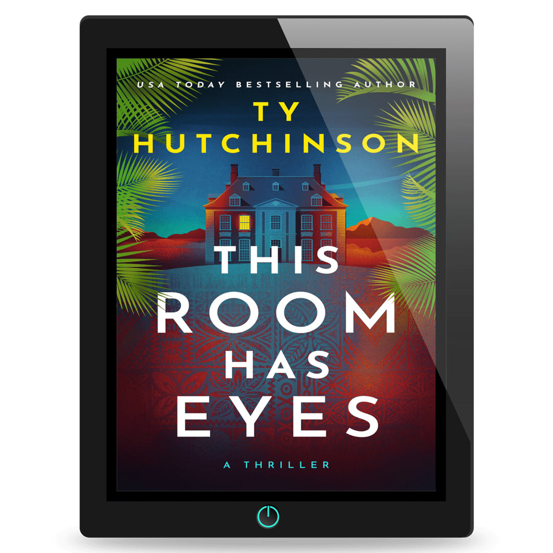 E-reader displaying the book cover of 'This Room Has Eyes' by Ty Hutchinson on a white background.