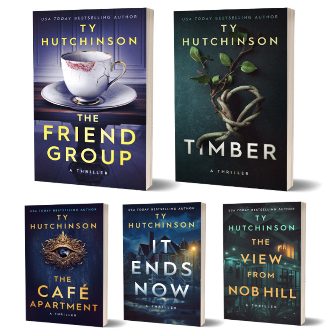 Book bundle cover for Ty Hutchinson’s psychological thrillers—five dark, twisty suspense stories featuring toxic relationships, dangerous secrets, and characters you can’t trust.