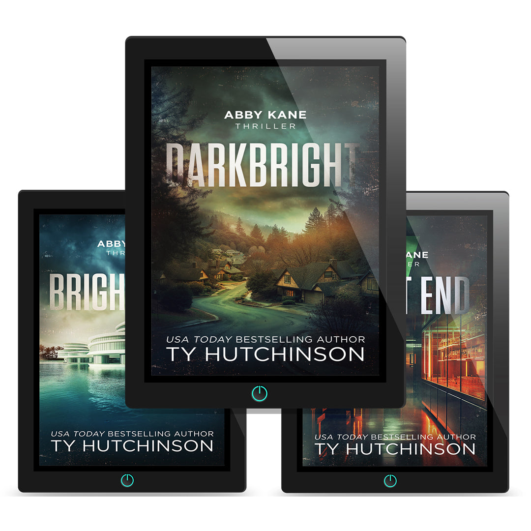 Three black tablet devices displaying book covers from the Dark Bright series by Abby Kane and Ty Hutchinson, arranged in a fan-like composition on a white background.
