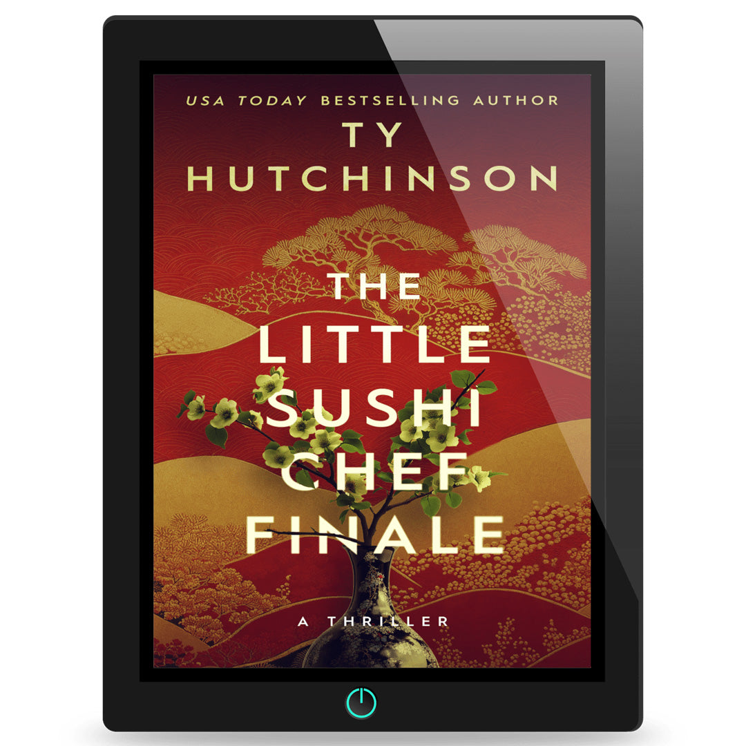 A tablet device displaying the book cover of 'The Little Sushi Chef Finale' by Ty Hutchinson. The cover features a red and gold background with a tree and white title text.