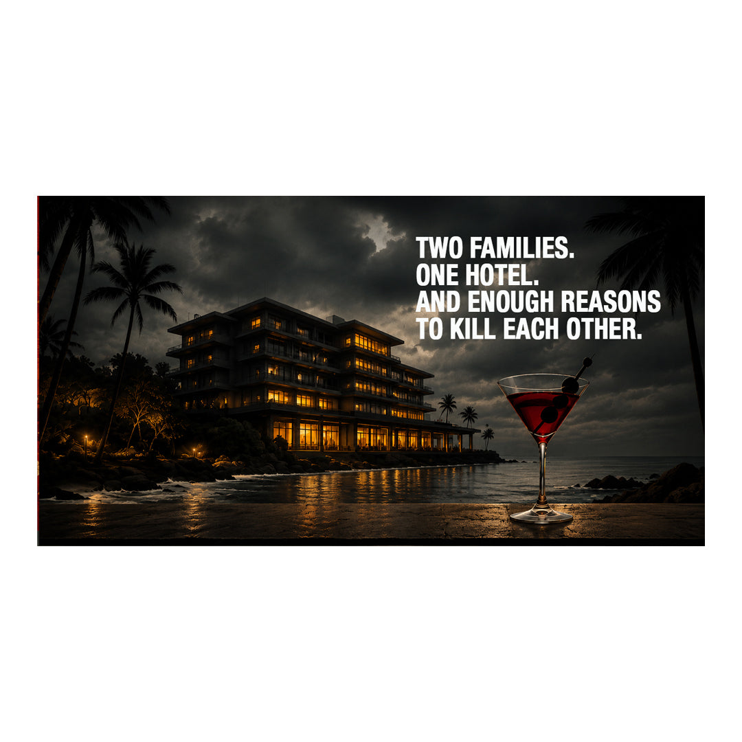 Darkly lit hotel by the sea with a cocktail and text overlay.