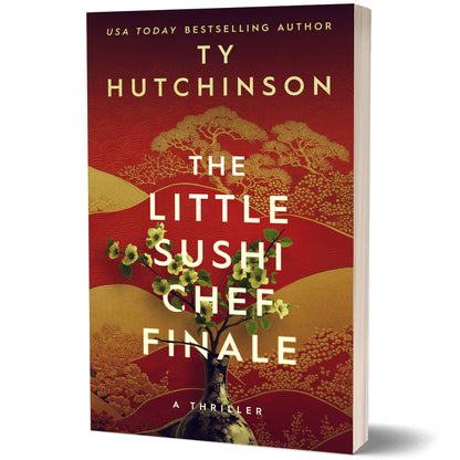 The Little Sushi Chef Finale book by Ty Hutchinson, featuring a red and gold cover with a cherry blossom tree illustration, shown as a 3D book mockup on a white background.