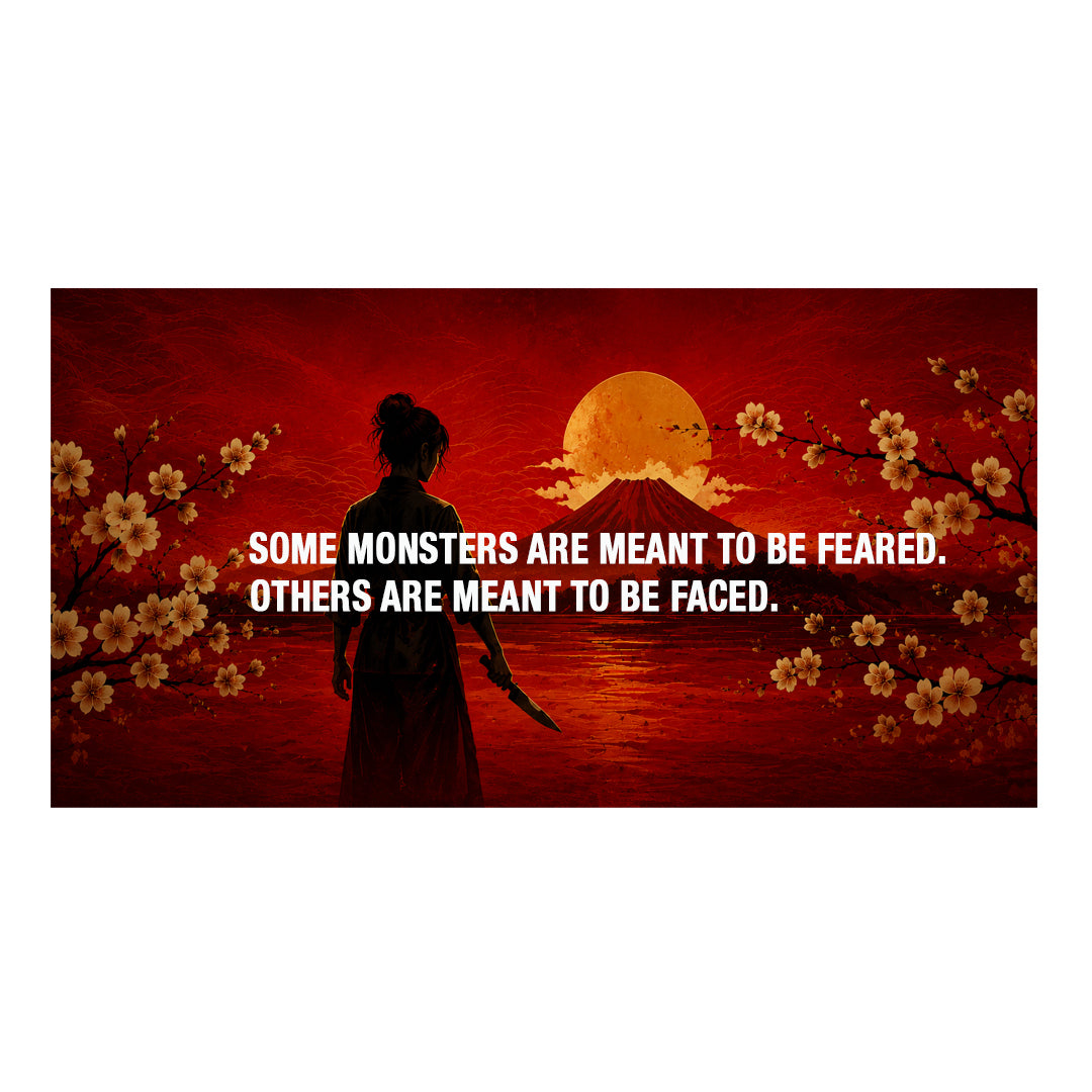 Silhouette of a person against a red sunset with cherry blossoms and a quote.