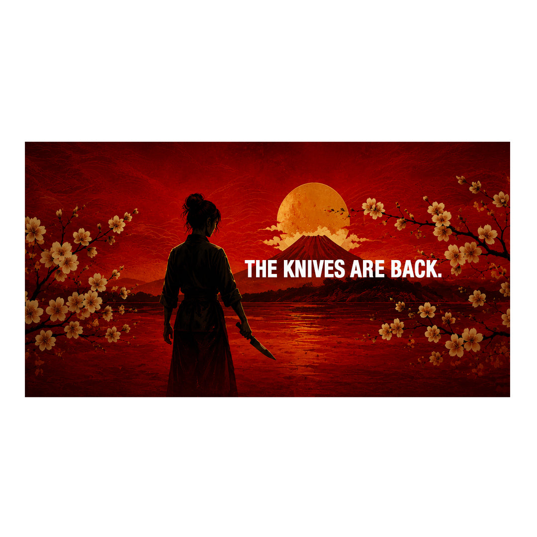 Silhouette of a person in front of a red sunset with cherry blossoms, featuring the text 'THE KNIVES ARE BACK'.