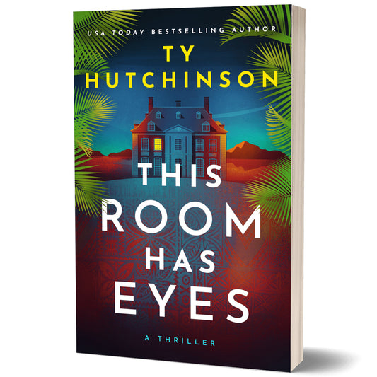this room has eyes cover featuring a illustrated building on a hill with one lit window