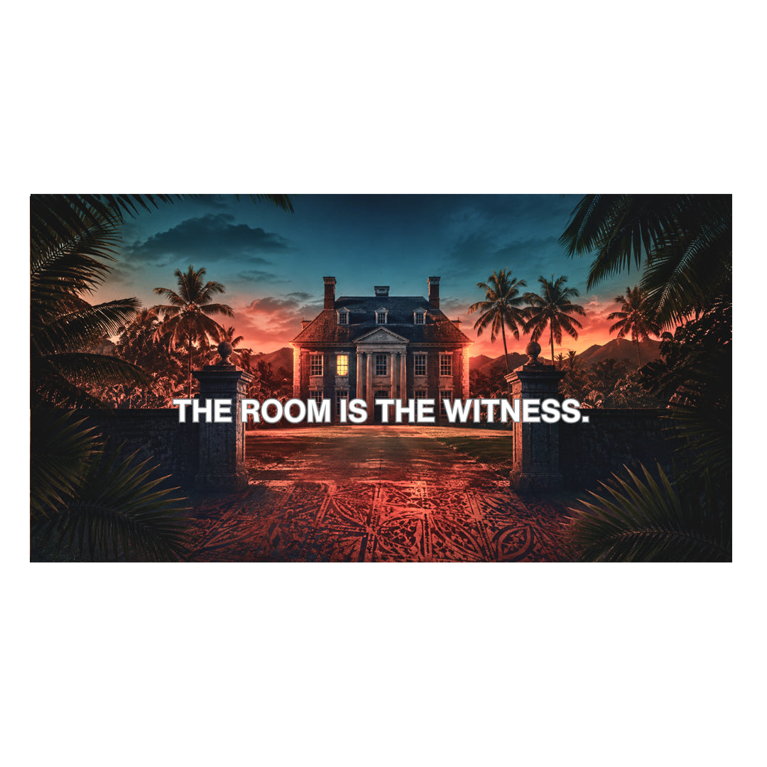 House at sunset with palm trees and text 'The Room is the Witness' on a white background