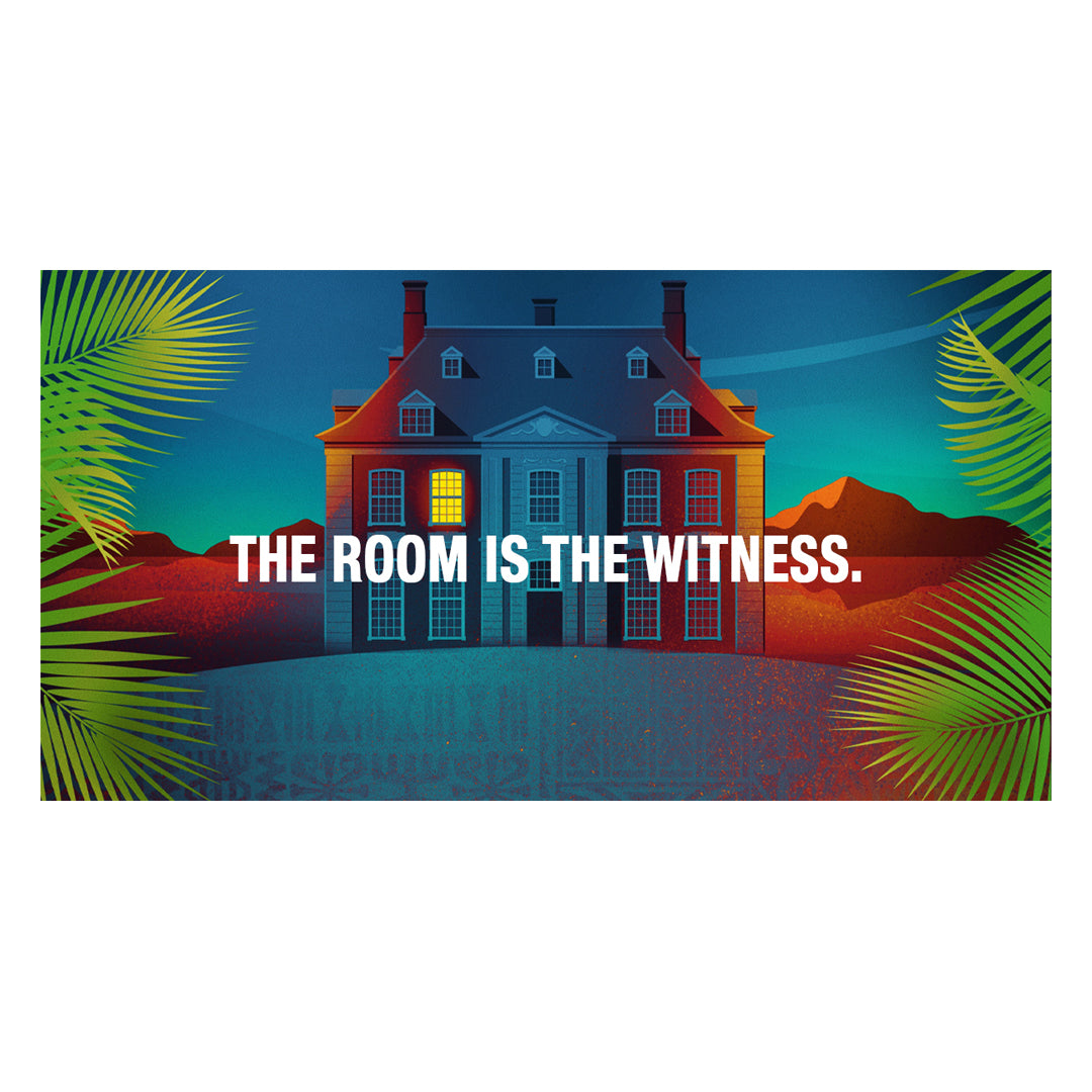 A rectangular graphic print or poster featuring a stylized house at night with the text 'THE ROOM IS THE WITNESS.' across the center.